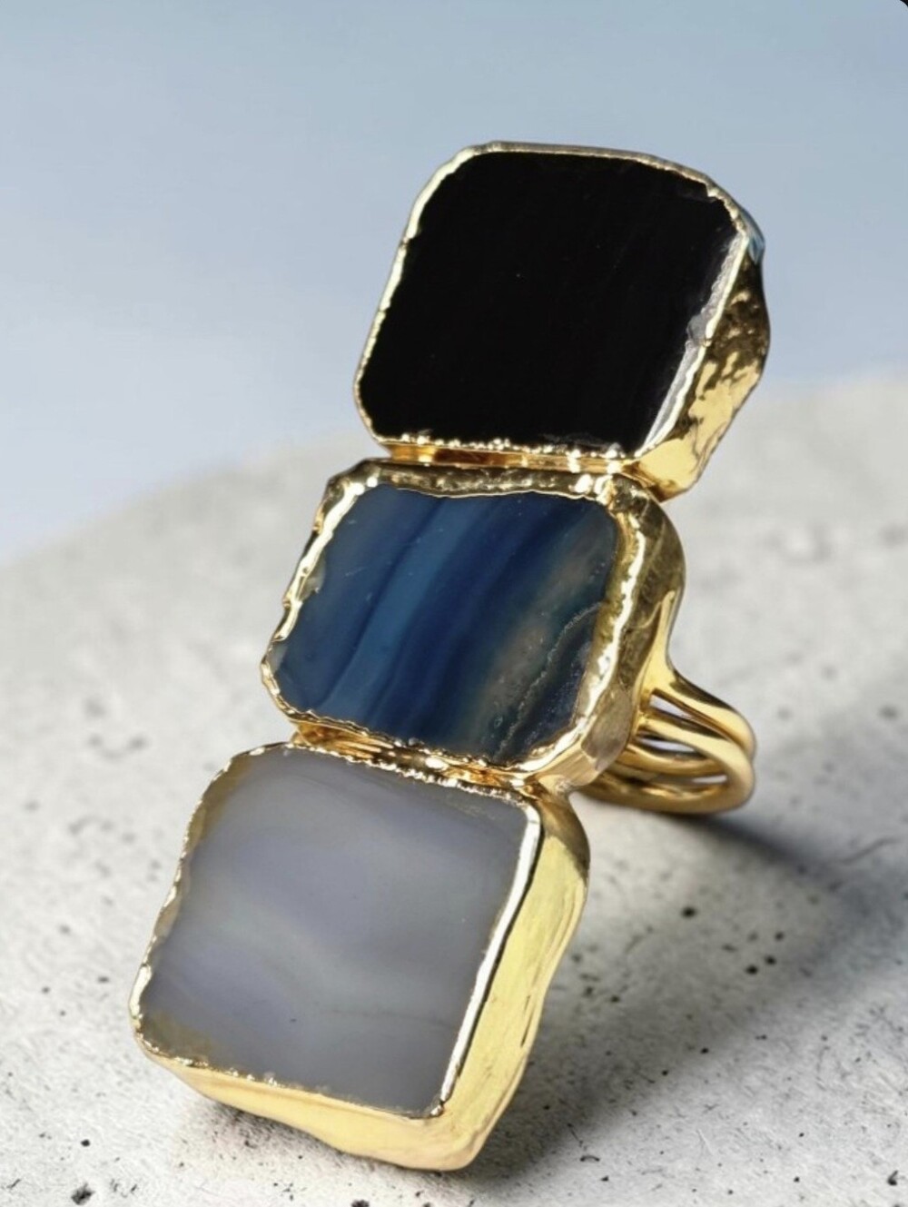 18k Gold Plated Oversized Natural Stone Agate Statement Ring